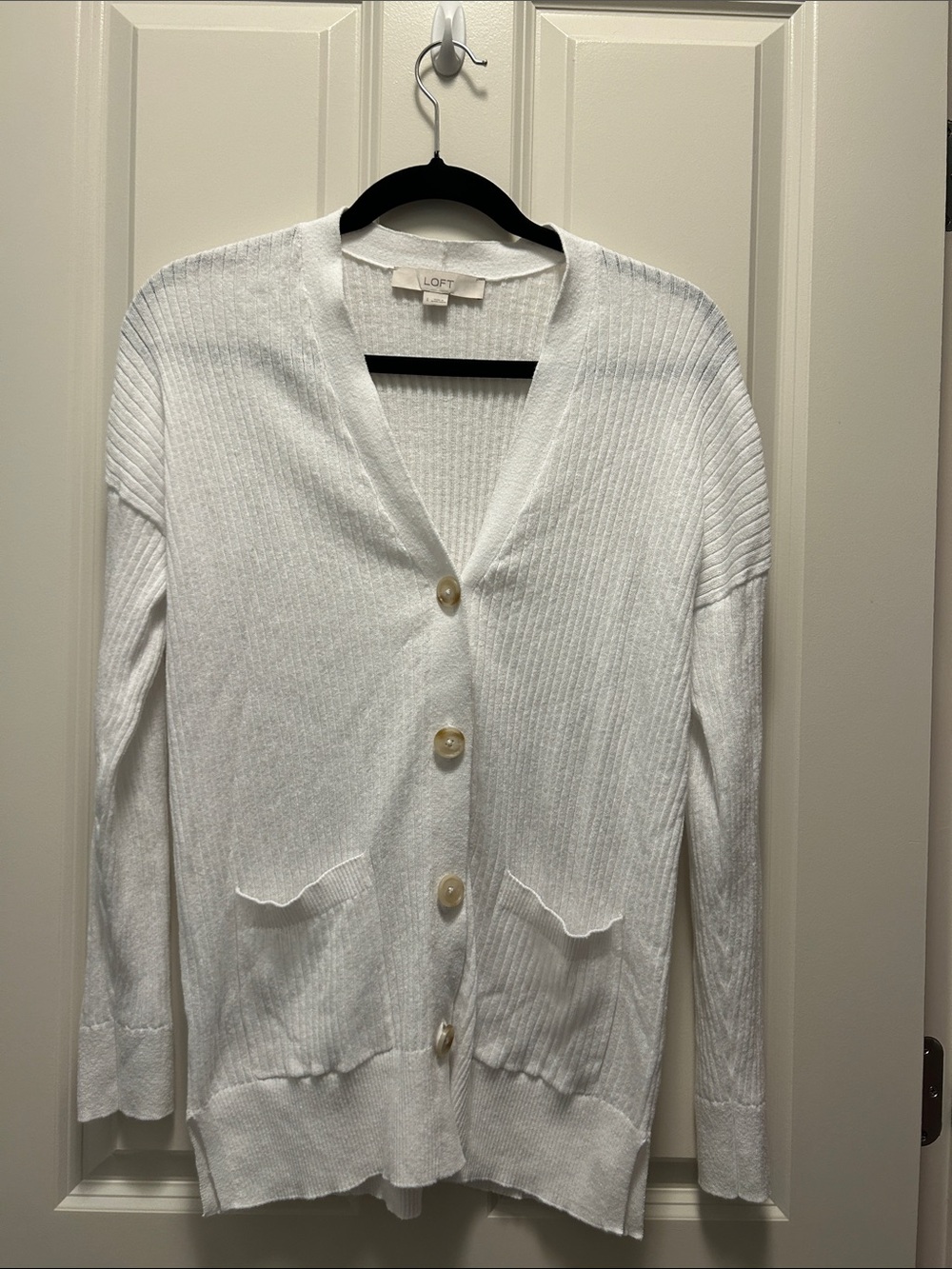 LOFT White Button-Front Lightweight Ribbed Cardigan